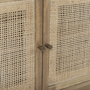 Mercana Grier 65" Rustic Mango Wood Media Console with Woven Cane Doors for Stylish Living Room Storage Light Brown Wood | Cane Accent 69896