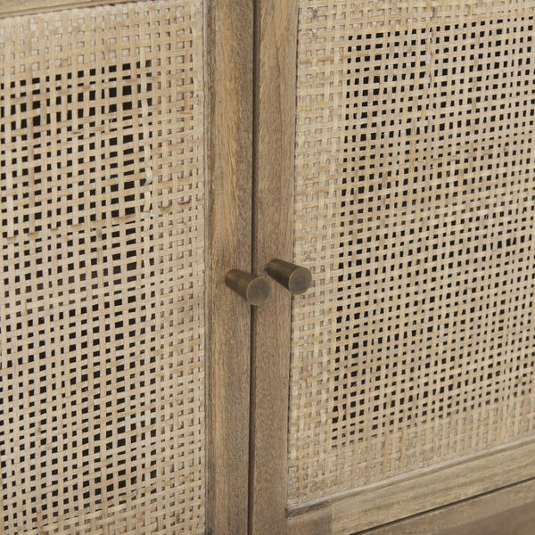 Mercana Grier 65" Rustic Mango Wood Media Console with Woven Cane Doors for Stylish Living Room Storage Light Brown Wood | Cane Accent 69896