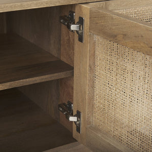 Mercana Grier 65" Rustic Mango Wood Media Console with Woven Cane Doors for Stylish Living Room Storage Light Brown Wood | Cane Accent 69896