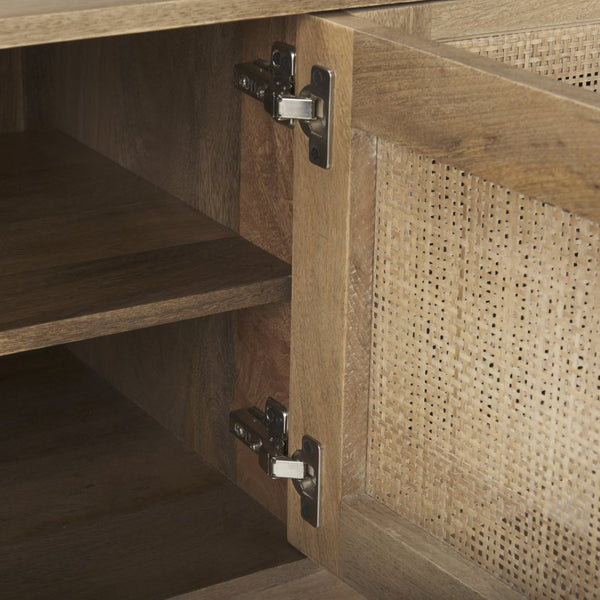 Mercana Grier 65" Rustic Mango Wood Media Console with Woven Cane Doors for Stylish Living Room Storage Light Brown Wood | Cane Accent 69896