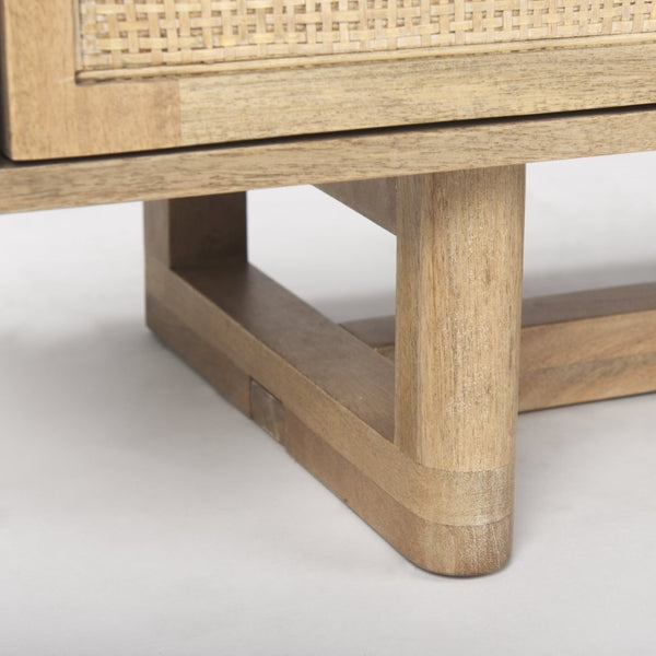 Mercana Grier 65" Rustic Mango Wood Media Console with Woven Cane Doors for Stylish Living Room Storage Light Brown Wood | Cane Accent 69896