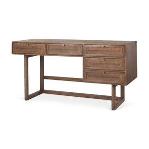 Mercana Grier 60" Solid Mango Wood Office Desk with Elegant Cane Drawer Fronts for Stylish Workspaces Medium Brown Wood | Cane Accent 69898