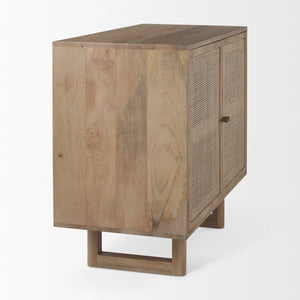 Mercana Grier 36" Solid Mango Wood Accent Cabinet with Woven Cane Doors for Stylish Storage Solutions Light Brown Wood | Cane Accent | 2 Door 69909