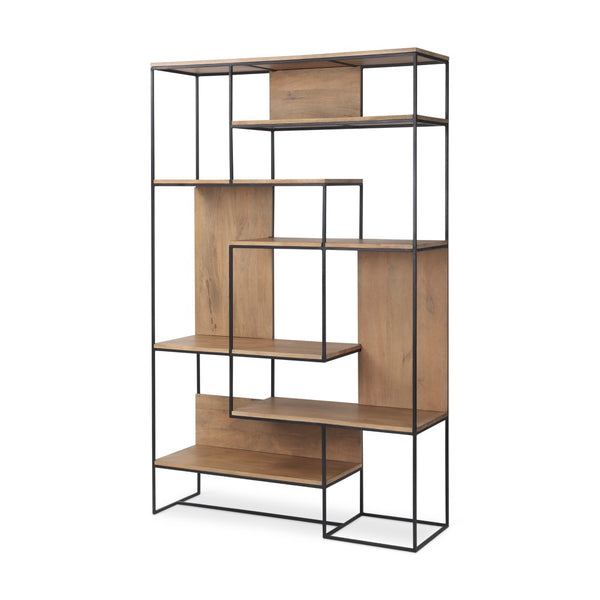 Mercana Morris 6-Shelf Shelving Unit - Modern Wood and Metal Design for Stylish Storage and Display Solutions Brown Wood | Black Metal 69718
