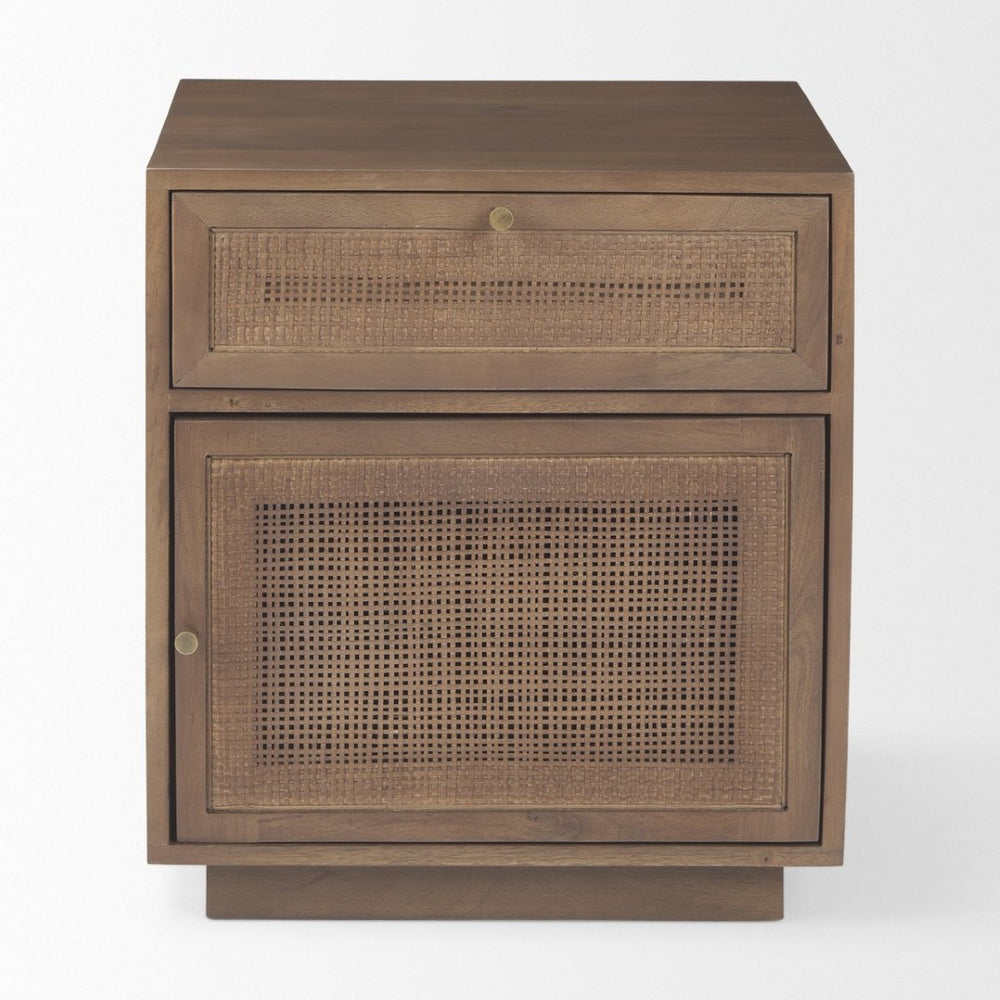 Mercana Grier Stylish Mango Wood Accent Table with Cane Panels - Mid-Century Charm & Modern Functionality Medium Brown Wood | Cane Accent | 1 Door & Drawer 69934