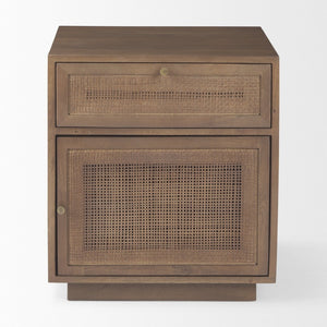 Mercana Grier Stylish Mango Wood Accent Table with Cane Panels - Mid-Century Charm & Modern Functionality Medium Brown Wood | Cane Accent | 1 Door & Drawer 69934