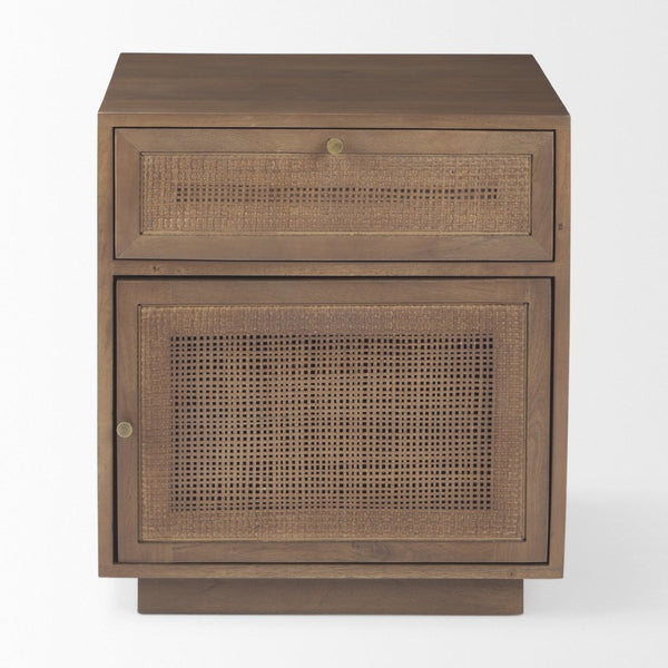 Mercana Grier Stylish Mango Wood Accent Table with Cane Panels - Mid-Century Charm & Modern Functionality Medium Brown Wood | Cane Accent | 1 Door & Drawer 69934