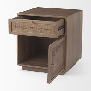 Mercana Grier Stylish Mango Wood Accent Table with Cane Panels - Mid-Century Charm & Modern Functionality Medium Brown Wood | Cane Accent | 1 Door & Drawer 69934