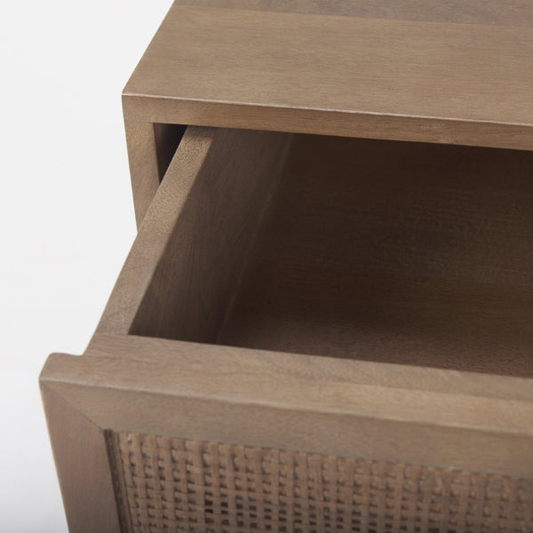 Mercana Grier Stylish Mango Wood Accent Table with Cane Panels - Mid-Century Charm & Modern Functionality Medium Brown Wood | Cane Accent | 1 Door & Drawer 69934