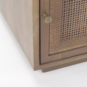 Mercana Grier Stylish Mango Wood Accent Table with Cane Panels - Mid-Century Charm & Modern Functionality Medium Brown Wood | Cane Accent | 1 Door & Drawer 69934