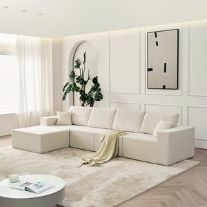English Elm 139.3" Modular Sectional Sofa - Cloud-Like Boneless Corduroy Couch with Ottoman, 2 Pillows, No Assembly Beige W2656S00012