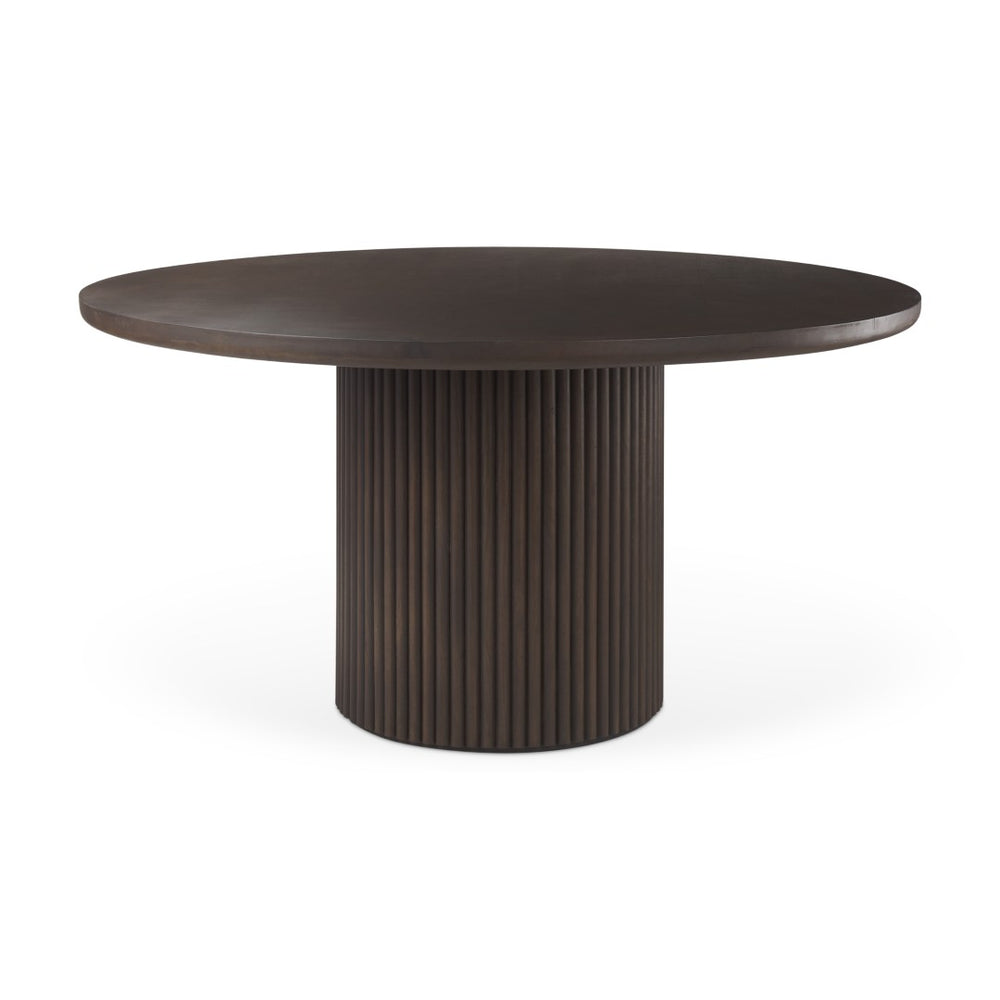 Mercana Terra Dining Table: Sculptural Round Design in Rich Mango Wood for Modern Dining & Entertaining 60" Dk Brown Wood Top | Dk Brown Wood Base 69873-AB