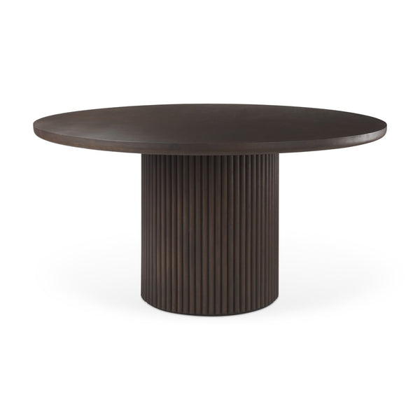 Mercana Terra Dining Table: Sculptural Round Design in Rich Mango Wood for Modern Dining & Entertaining 60" Dk Brown Wood Top | Dk Brown Wood Base 69873-AB