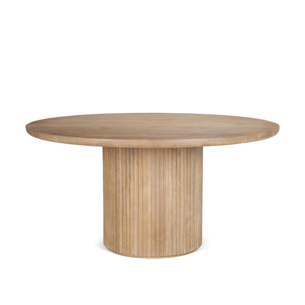 Mercana Terra Dining Table: Sculptural Round Design in Rich Mango Wood for Modern Dining & Entertaining 60" Lt Brown Wood Top | Lt Brown Wood Base 69874-AB