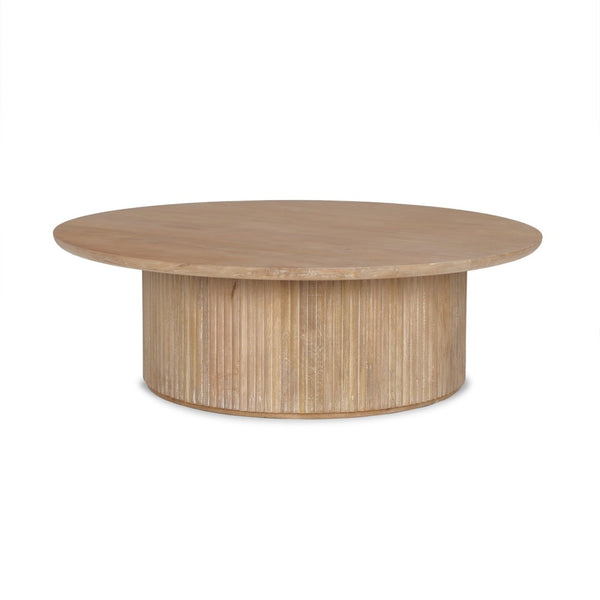 Mercana Terra Round Fluted Coffee Table with Hydraulic Lift and Hidden Storage for Modern Living Room Style Light Brown Wood 69878