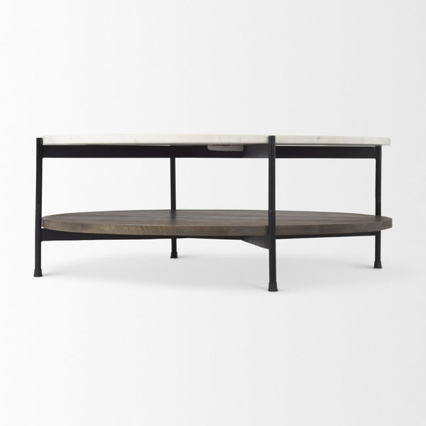 Mercana Larkin Elegant Two-Tier Coffee Table with Marble Top and Solid Wood Shelf in Black Metal Frame Design 69925-AB