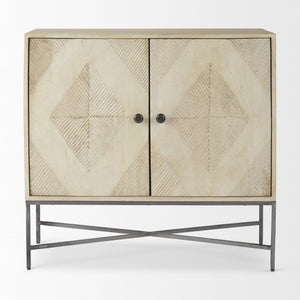 Mercana Hogarth 36-Inch Two-Door Accent Cabinet with Geometric Design for Modern Rustic Living Spaces Blonde Wood | Silver Metal 69752