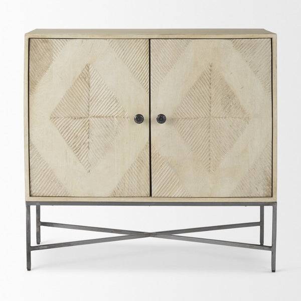 Mercana Hogarth 36-Inch Two-Door Accent Cabinet with Geometric Design for Modern Rustic Living Spaces Blonde Wood | Silver Metal 69752
