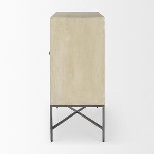 Mercana Hogarth 36-Inch Two-Door Accent Cabinet with Geometric Design for Modern Rustic Living Spaces Blonde Wood | Silver Metal 69752