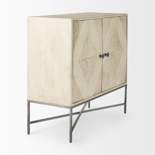 Mercana Hogarth 36-Inch Two-Door Accent Cabinet with Geometric Design for Modern Rustic Living Spaces Blonde Wood | Silver Metal 69752