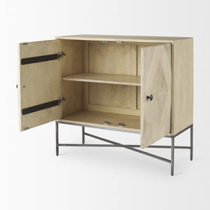 Mercana Hogarth 36-Inch Two-Door Accent Cabinet with Geometric Design for Modern Rustic Living Spaces Blonde Wood | Silver Metal 69752