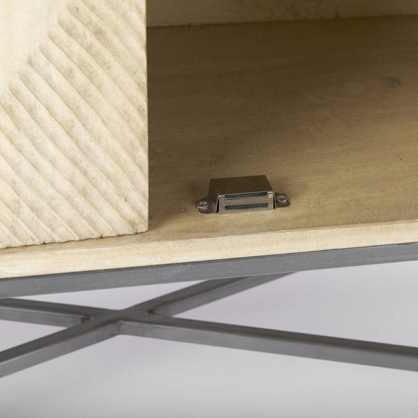 Mercana Hogarth 36-Inch Two-Door Accent Cabinet with Geometric Design for Modern Rustic Living Spaces Blonde Wood | Silver Metal 69752