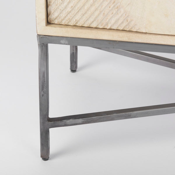 Mercana Hogarth 36-Inch Two-Door Accent Cabinet with Geometric Design for Modern Rustic Living Spaces Blonde Wood | Silver Metal 69752