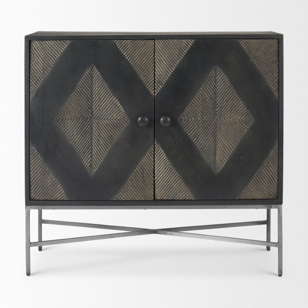 Mercana Hogarth 36-Inch Two-Door Accent Cabinet with Geometric Design for Modern Rustic Living Spaces Dark Brown & Black Wood | Silver Metal 69751