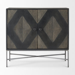 Mercana Hogarth 36-Inch Two-Door Accent Cabinet with Geometric Design for Modern Rustic Living Spaces Dark Brown & Black Wood | Silver Metal 69751