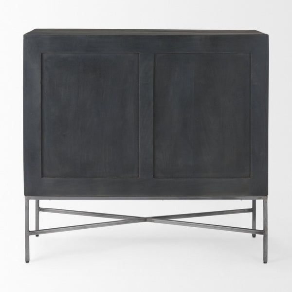 Mercana Hogarth 36-Inch Two-Door Accent Cabinet with Geometric Design for Modern Rustic Living Spaces Dark Brown & Black Wood | Silver Metal 69751