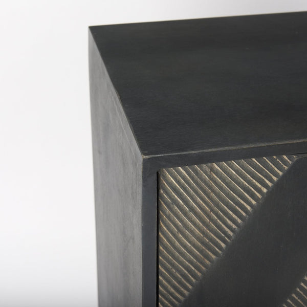 Mercana Hogarth 36-Inch Two-Door Accent Cabinet with Geometric Design for Modern Rustic Living Spaces Dark Brown & Black Wood | Silver Metal 69751