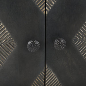 Mercana Hogarth 36-Inch Two-Door Accent Cabinet with Geometric Design for Modern Rustic Living Spaces Dark Brown & Black Wood | Silver Metal 69751