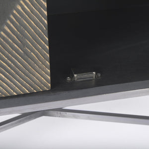 Mercana Hogarth 36-Inch Two-Door Accent Cabinet with Geometric Design for Modern Rustic Living Spaces Dark Brown & Black Wood | Silver Metal 69751