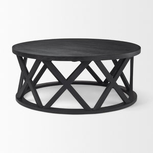 Mercana Forsey Solid Mango Wood Round Coffee Table with Lattice Design for Modern Rustic Living Spaces 69745