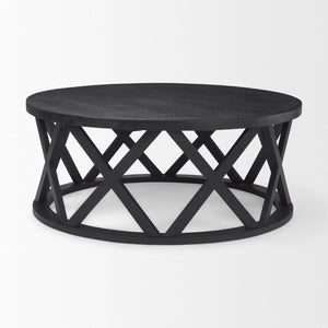 Mercana Forsey Solid Mango Wood Round Coffee Table with Lattice Design for Modern Rustic Living Spaces 69745