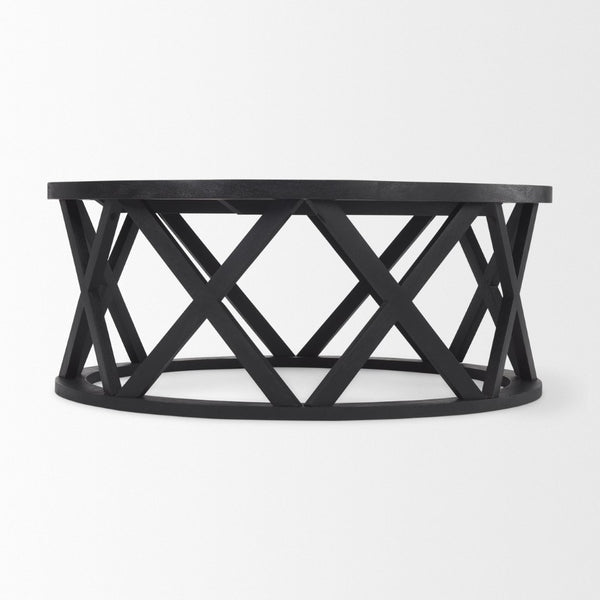 Mercana Forsey Solid Mango Wood Round Coffee Table with Lattice Design for Modern Rustic Living Spaces 69745