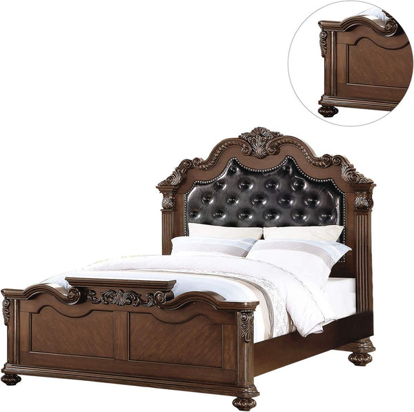 English Elm Gorgeous Victorian-Style Queen Bed Frame with Tufted Faux Leather Headboard and Floral Carvings Cherry,Walnut 72 L x 52 W x 8 H B011S01419