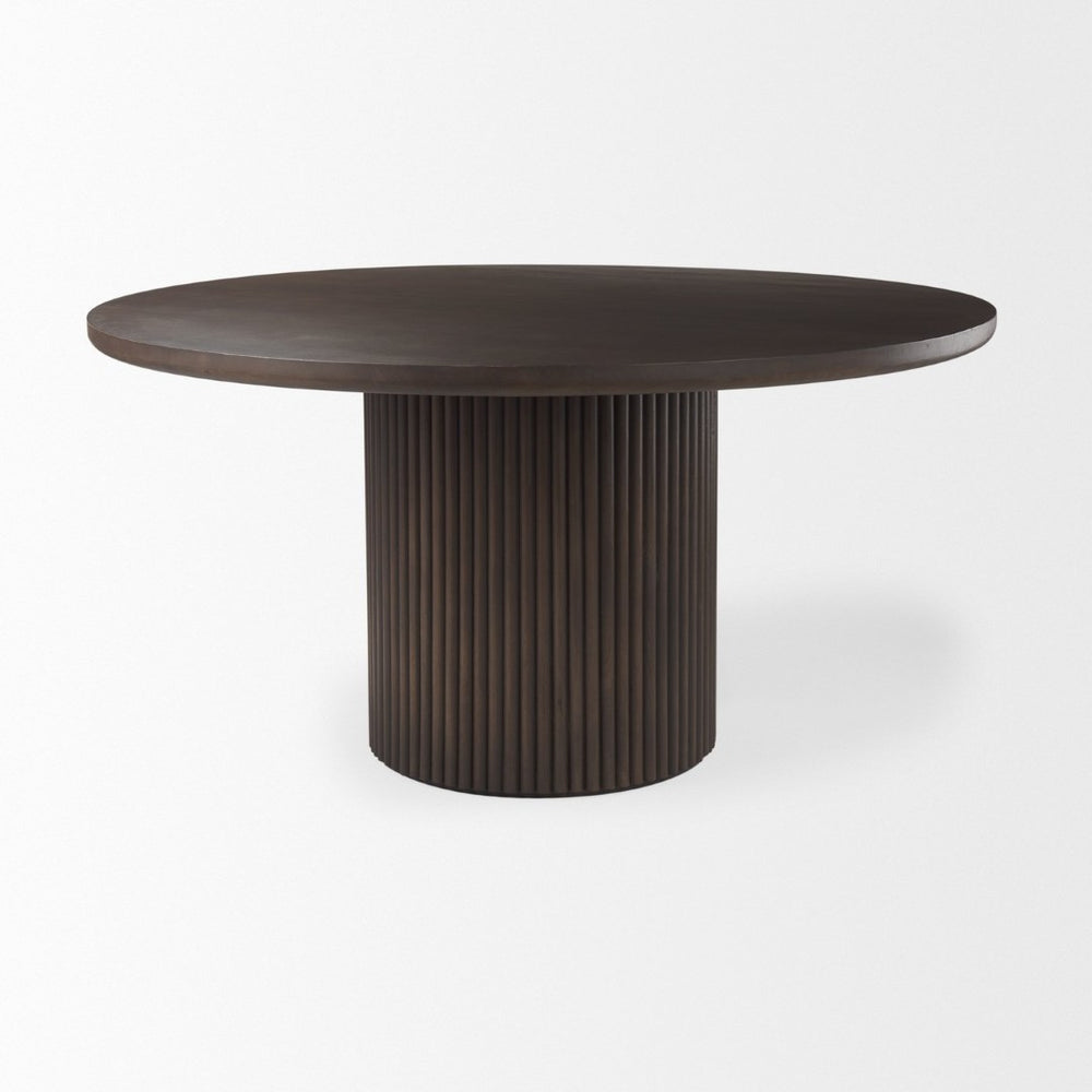 Mercana Terra Dining Table: Sculptural Round Design in Rich Mango Wood for Modern Dining & Entertaining 60" Dk Brown Wood Top | Dk Brown Wood Base 69873-AB
