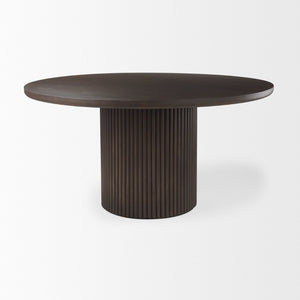 Mercana Terra Dining Table: Sculptural Round Design in Rich Mango Wood for Modern Dining & Entertaining 60" Dk Brown Wood Top | Dk Brown Wood Base 69873-AB