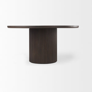 Mercana Terra Dining Table: Sculptural Round Design in Rich Mango Wood for Modern Dining & Entertaining 60" Dk Brown Wood Top | Dk Brown Wood Base 69873-AB