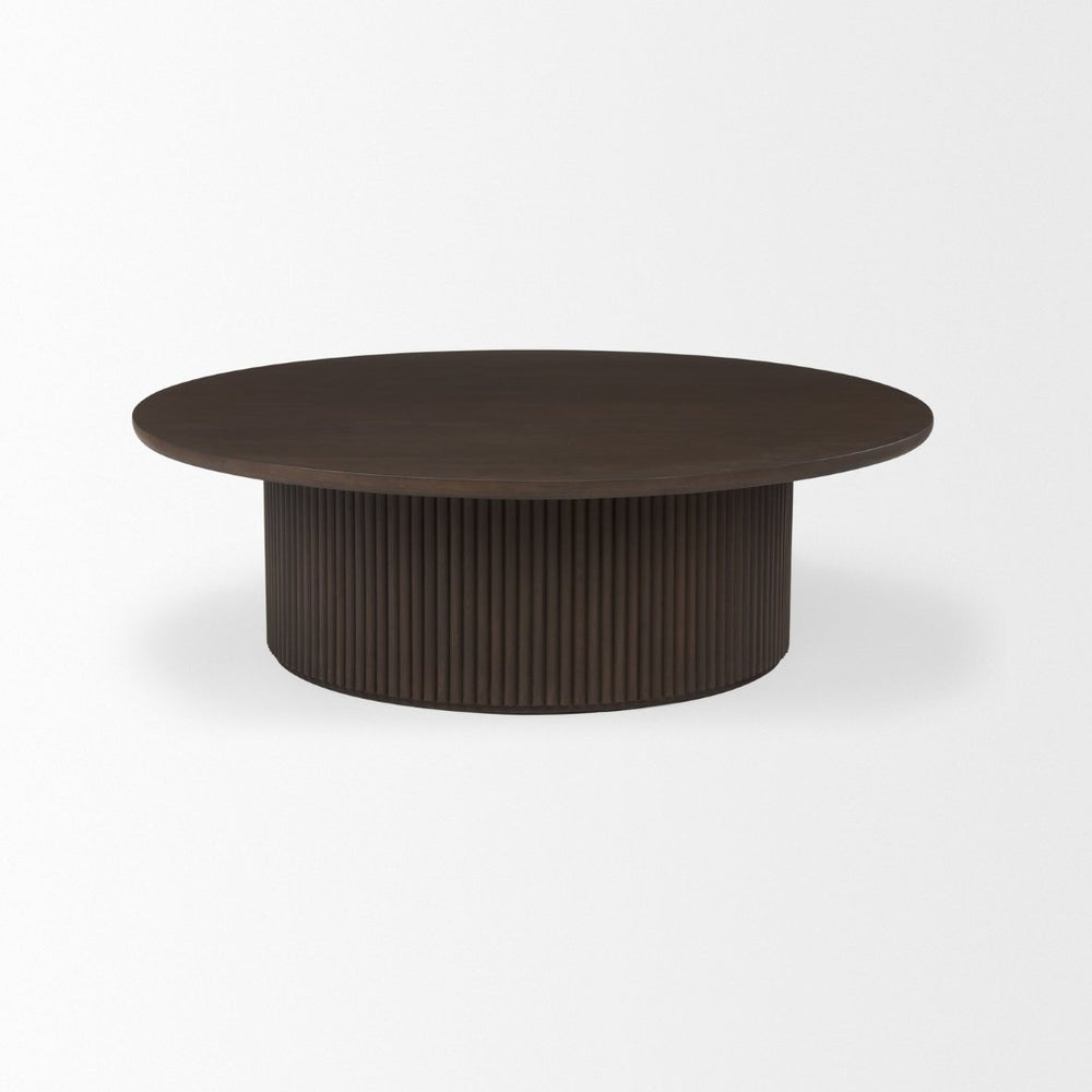 Mercana Terra Round Fluted Coffee Table with Hydraulic Lift and Hidden Storage for Modern Living Room Style Dark Brown Wood 69877