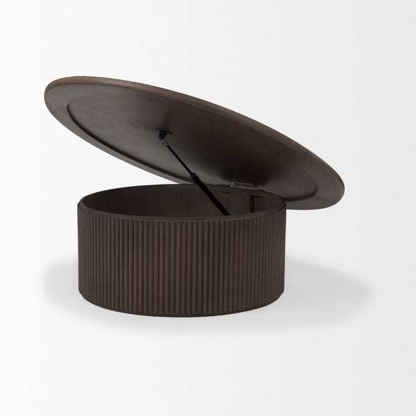 Mercana Terra Round Fluted Coffee Table with Hydraulic Lift and Hidden Storage for Modern Living Room Style Dark Brown Wood 69877