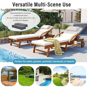 English Elm U_style Acacia Wood Outdoor Chaise Lounger with Reclining Backrest Cushions and Side Tray Beige N711P415859A