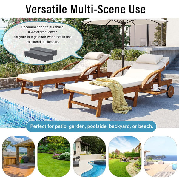English Elm U_style Acacia Wood Outdoor Chaise Lounger with Reclining Backrest Cushions and Side Tray Beige N711P415859A