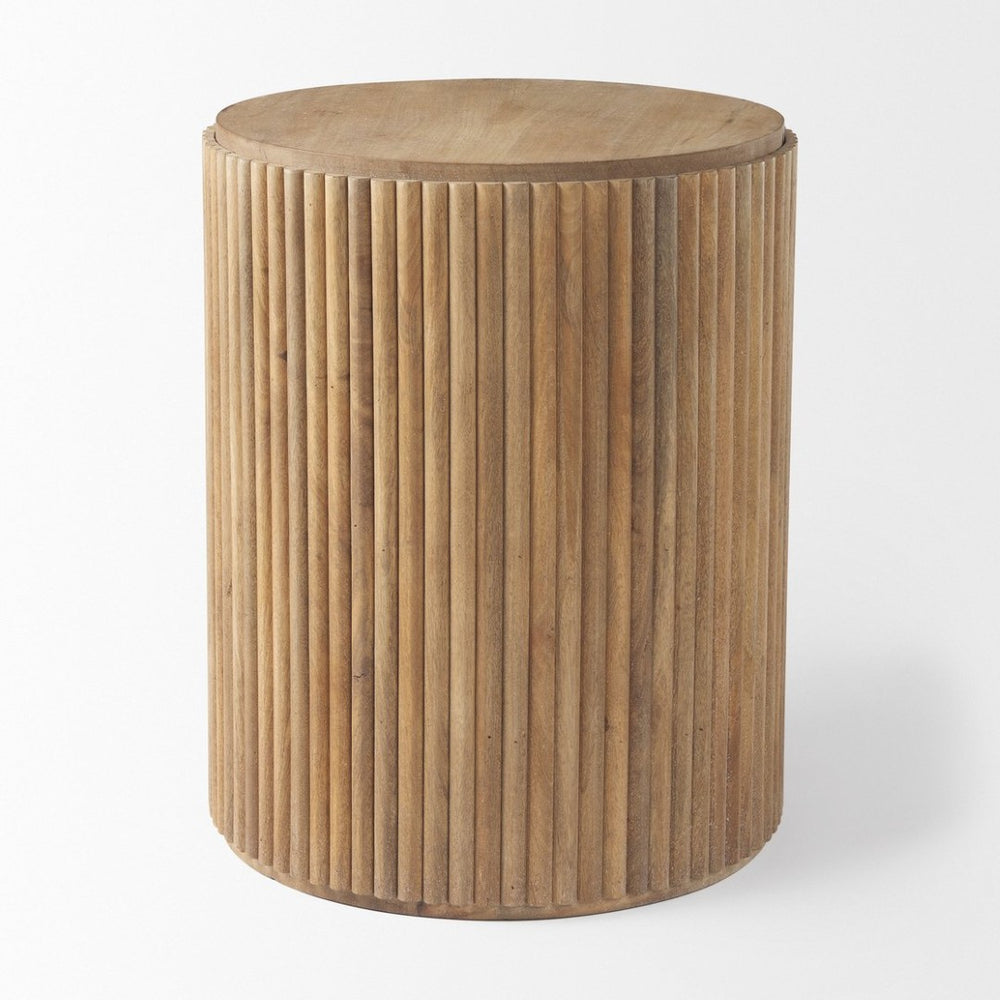 Mercana Terra Fluted Round Side Table in Solid Mango Wood - Elegant Accent for Living Spaces and Bedrooms 69882
