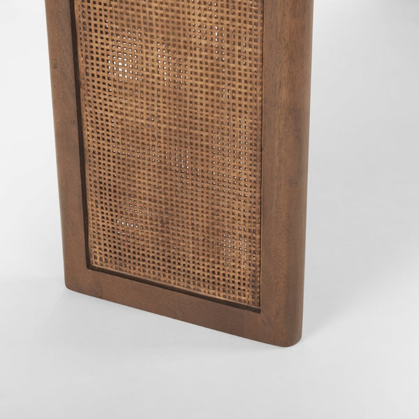 Mercana Grier Console Table: Stylish Solid Wood with Cane Panels for Modern and Rustic Living Spaces Medium Brown Wood | Cane Accent 69906