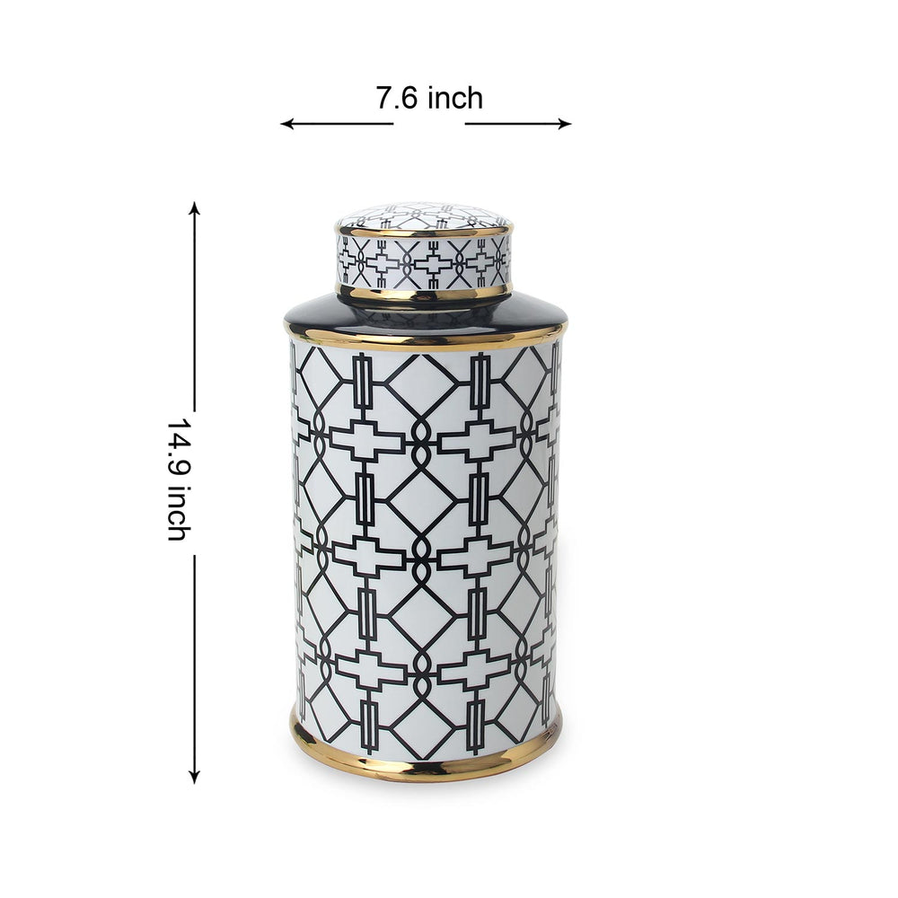 English Elm Elegant White Ceramic Ginger Jars Set Of 2 With Black Geometric Pattern - Stylish Home Décor Storage B030S00080