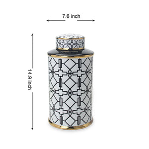 English Elm Elegant White Ceramic Ginger Jars Set Of 2 With Black Geometric Pattern - Stylish Home Décor Storage B030S00080