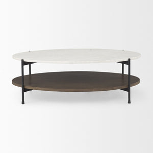Mercana Larkin Two-Tier Coffee Table with Unique Marble Top and Solid Wood Shelf in Black Metal Frame White Marble | Dark Brown Wood | Oval 69978-AB