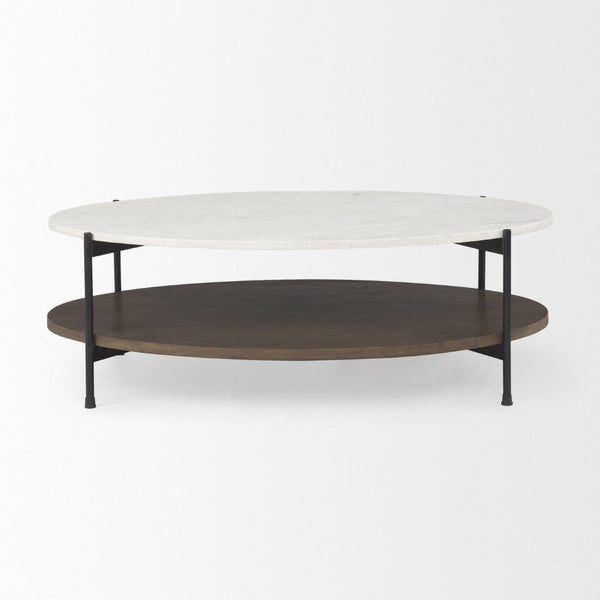 Mercana Larkin Two-Tier Coffee Table with Unique Marble Top and Solid Wood Shelf in Black Metal Frame White Marble | Dark Brown Wood | Oval 69978-AB